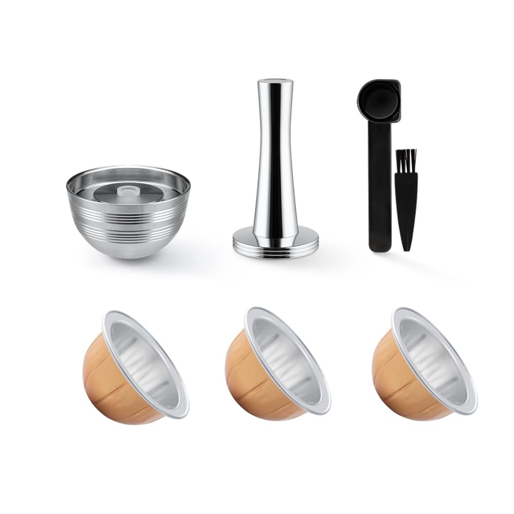 Stainless Steel Vertuo Next Reusable Pod+EMPTY Refillable Alumium Coffee Pods-80+150+230ml Each 6 Pcs + 1Pcs Coffee Capsule Tamper For Reusable nes presso Vertuo Next Pods