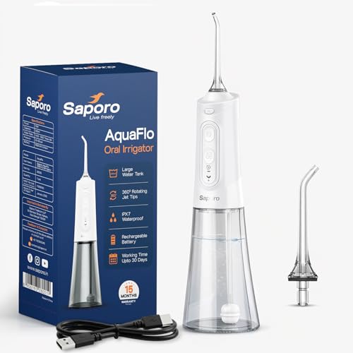 Image of Saporo AquaFlo Water Dental Flosser for Teeth, Cordless Oral Irrigator with 6 Cleaning Modes, 300ml Detachable Tank, Rechargeable & Portable, Gravity Ball Technology, 2 Nozzle Tips for Home & Travel