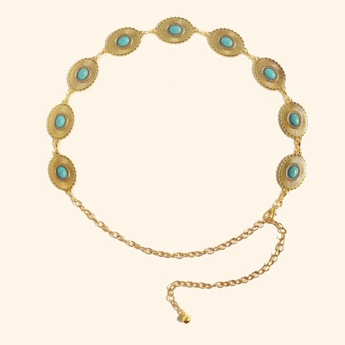 Women Western Metal Chain Belt Gold Silver Boho Turquoise Waist Belts for Dresses Jeans