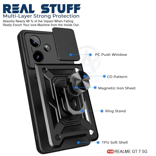 Image of AESTMO Tough Armor Realme GT 7 5G / Realme GT 7T 5G / GT 7 Dream Edition Bumper Back Case Cover | Ring Holder & Sliding Camera Shield Cover | 360 Degree Protection Back Case Cover (Black)