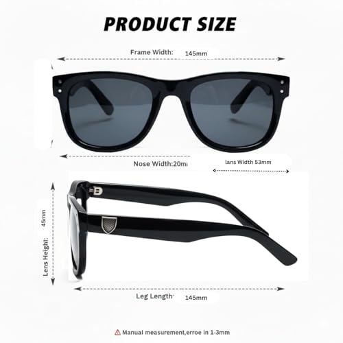 Image of Classic Square Sunglasses, Black Frame with Gray UV Protection Lens, Medium Size 145mm Width, Plastic Material LA14P