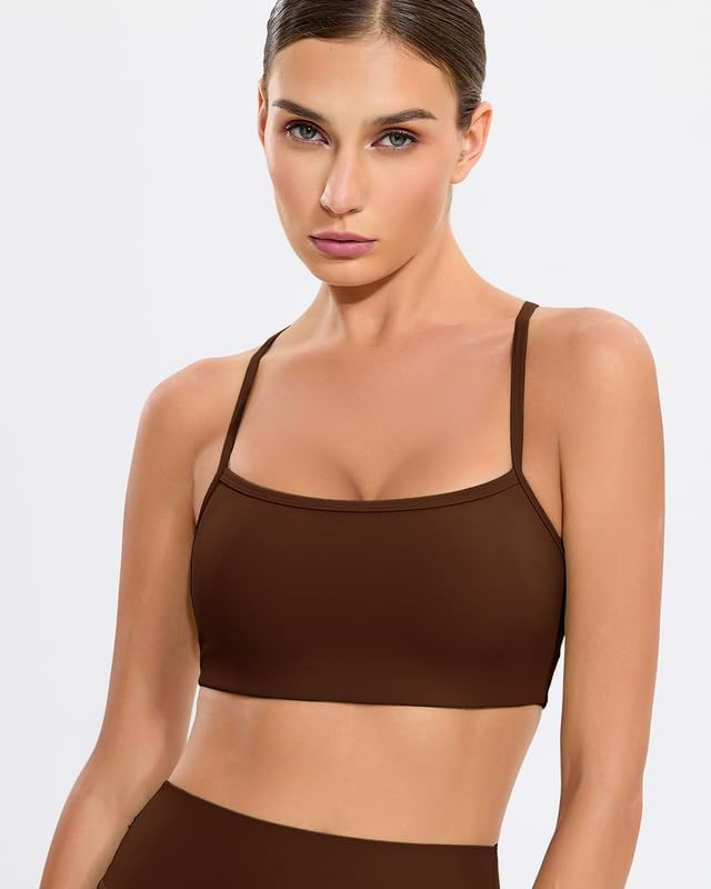 RIOJOY Sports Bras for Women, Lycra Racer Back Workout Gym Sports Bra, Thin Strap Sport Bra, Removable Pads Yoga Womens Sport Bras Coffee - Image 4