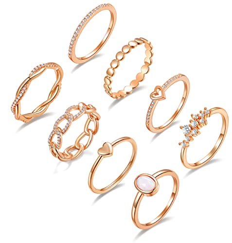 PLOMFOV Rose Plate Stacking Rings Set for Women CZ Heart Simple Cute Stackable Rings Dainty Trendy Statement Rings Plain Band Size Rose Gold 6