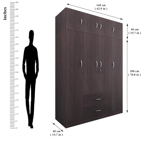 Image of VIKI Wardrobe | Wooden Almirah for Clothes,Door for Bedroom with Loft, 4 Door Wardrobe with Drawer & Hanging Space (Dark Wenge - 40D x 160W x 220H) | 1 Year Warranty | Free Assembly