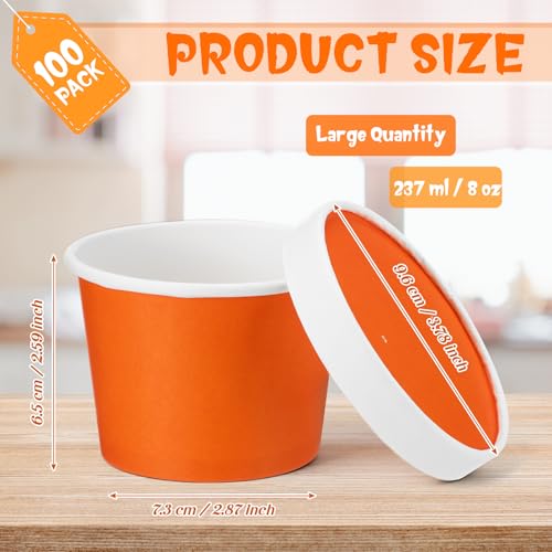 Image of Fulmoon 8 oz 100 Pack Paper Containers with Lids Soup Bowl Cup, Orange | Disposable Ice Cream Cup, Kraft Food Containers with Vented Lid Stackable for Hot Soup Dessert Cake Fruit Microwave Takeout