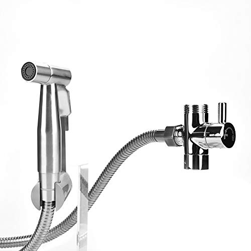FTVOGUE 304 de Acero Inoxidable de Mano Bidet Spray Ducha Cabeza Baño Adaptador de Inodoro Manguera T Forma Kit de válvula(02)