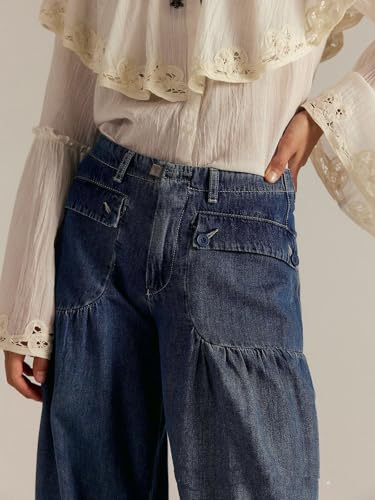 Womens Lotus Tube Jeans - Casual Loose Wide Leg Ruffle Pleated Jeans Baggy Barrel Denim Pants4