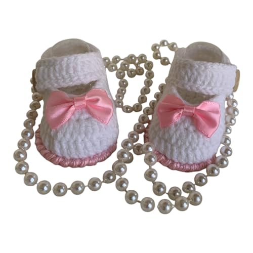 Handmade Baby Girl Mary Jane Booties, White Crochet Cotton with Pink Bow, Baptism Shoes
