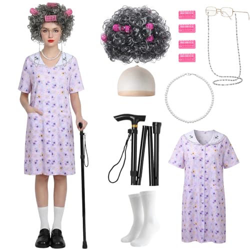 Crittygo Oma Kostüm Damen Alte Dame Kostüm Set mit Oma Kleid Perücke Halskette Brille Gehstock Old Lady Kostüme Großmutter Cosplay für Fasching Karneval
