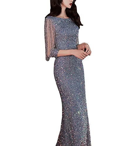 Vestido de festa longo de noite com gola redonda e babados de lantejoulas meia manga (Color : Haze B