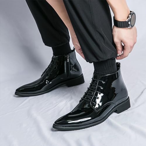 Men's Patent Leather Pointed Toe Chelsea Dress Boots Fashion Lace-up Luxur Side Zipper Chukka Boots High Top Waterproof Shiny Business Formal Oxford Ankle Boots3