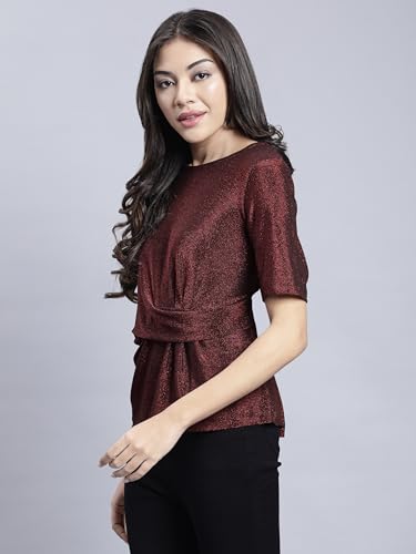 Image of SAFFE Women's Casual Party Top Textured Shimmer Half Sleeve Round Neck Body Fit Wine