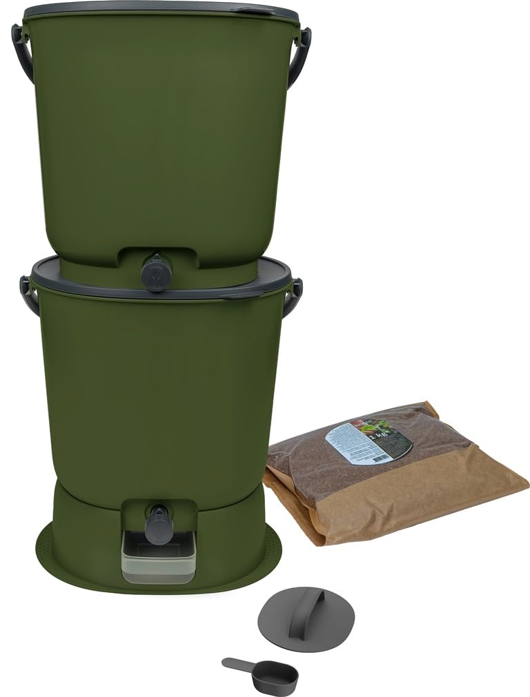 Lote de 2 compostadores Bokashi Essential 15,3 L+1 kg de Brain+1 Base Oliva