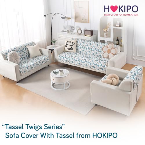 Image of HOKIPO Cerulean Bloom Quilted Sofa Cover for 2 Seater with Tassels for Seat & Back, 'Tassel Twigs' Series (IN-990-T6)