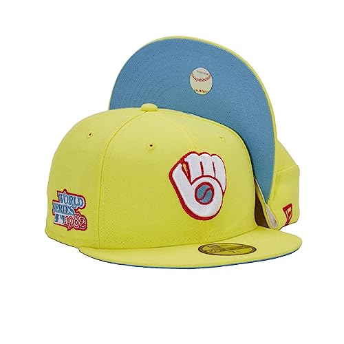 New Era Milwaukee Brewers Kool Aid Pack 59FIFTY Hat 82 World Series Side Patch Men's Hat Rare Embroidered Graphics Yellow (as1, Numeric, Numeric_7_and_1_Half)