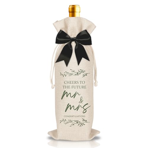 LOhgys Cheers to Mr & Mrs Wine Gift Bag, Linen Drawstring Wine Bottle Bag for Wedding, Engagement, Bridal Shower, Honeymoon, Newlywed Gift, Reusable