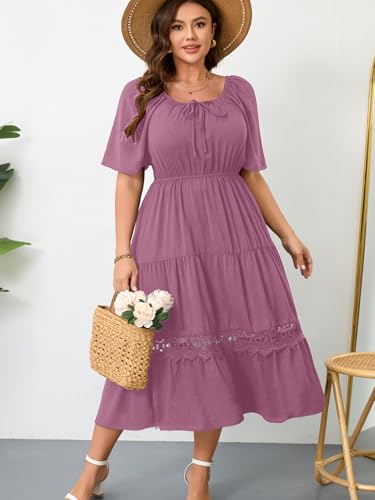 Image of RWJ Women's Plus Size Maxi Dress Short Sleeve Square Neck Flowy A-Line Lace Trim Flutter Party Casual Off Shoulder Dresses