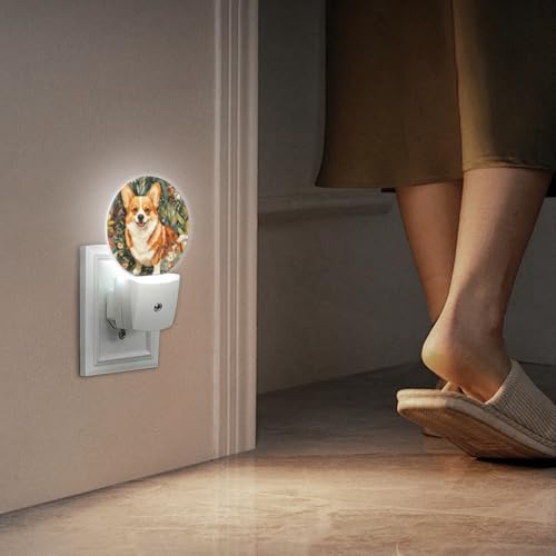 Image of LED Night Lights Lamp with Dusk to Dawn Sensor, Lovely Smiling Corgi in The Flowers Night Light Plug Into Wall for Kids Room, Bedroom, Bathroom, Kitchen, Hallway
