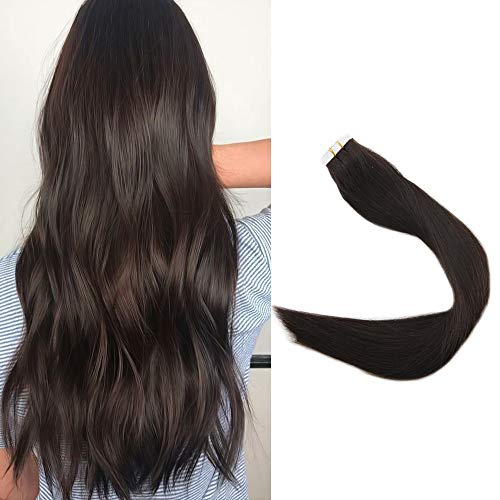 Full Shine Real Hair Tape in Extensions 20 Inch Color 2 Darkest Brown Seamless Extensions Human Hair 50 Grams 20 Pcs PU Tape Hair