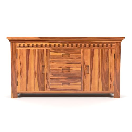 Image of Solid Sheesham Wood Wooden Sideboard Storage Cabinet & Chest of Drawer : Ideal for Living Room and Bedroom with 3 Drawers and 4-Shelf Storage(Carter,Honey Finish)