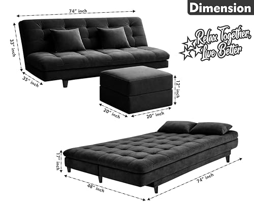 Image of Rosebell Modern Three-Seater Sofa Cum Bed - Foldable Velevt Fabric Sofa, Foam Seating, Stylish Design for Living Room, Guest Room & Office - Black Color