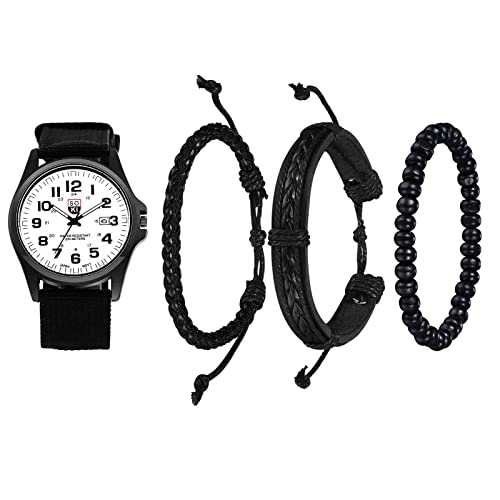 JewelryWe Men's Military Green Dial Nylon Strap Quartz Calendar Wrist Watch Night Vision Luminous Wristwatch, for Father's Day, black-white set, Casual