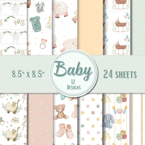 Baby Scrapbook Paper Pad – 8.5 x 8.5 in – 24 Double-Sided Patterned Sheets – Decorative Craft Paper for Card Making, Journaling, Planners, Origami, Decoupage, and Scrapbooking