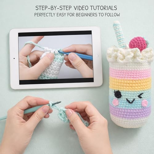 Image of HOUSE CREATIVITY Crochet Kit for Beginners, Make a Cup with Straw, Amigurumi Crochet Kit with Video Tutorial, Complete Set with Yarn, Hook & Stuffing, Cozy Stress Relief Gift for Adults & Kids