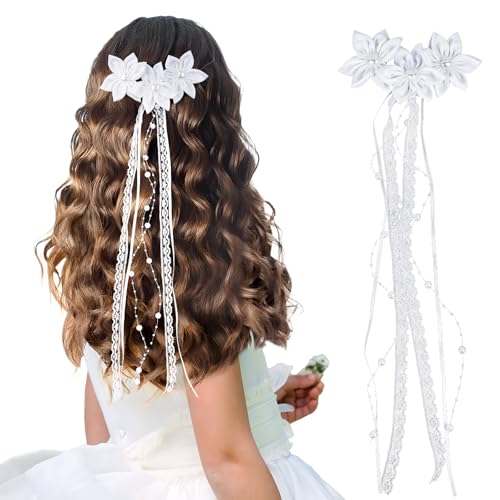 Haarschmuck Kommunion Mädchen Weiß Blume Kopfschmuck mit Blüten Perlen Organza Bänder für Kommunion Blumenkind Hochzeit Festival Kopfschmuck