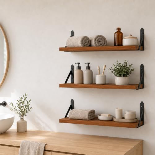 Image of Decazone Floating Shelves for Wall Storage - Set of 3, MDF Board Bookshelves for Living Room, Bedroom, Kitchen & Office - Sturdy Wall-Mounted Display for Bookcase & Decor (Brown, Wide- 24 inch Inch)