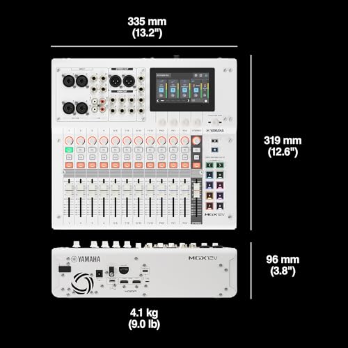 YAMAHA MGX12V Digitale Mixing-Konsole – Kompakter Audio- & Video-Mixer mit Touch-LCD-Steuerung, HDMI-USB-Capture, Bluetooth-Audio, Dual-USB und microSD-Recording – Weiß