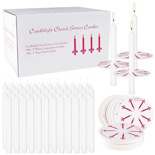 300 Pieces 5-Inch White Unscented Taper Candles with Drip Protectors for Church, Prayer, Shabbat, and Vigil Use