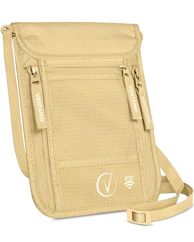 Vantamo Porte-passeport fin pour voyage, portefeuille tour de cou protégé RFID pour homme et femme, convient pour téléphone, documents et cartes, kaki