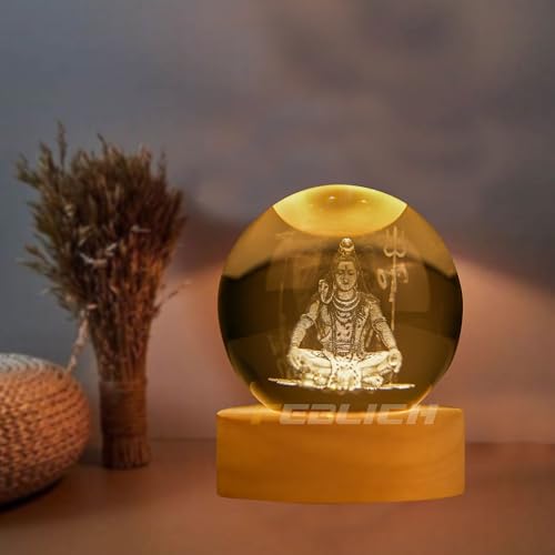 Image of 3D Shiv Crystal Ball Night Lamp, Solar System Light, USB Table Colorful LED Wooden Crystal for Home, Office, Birthday Gift