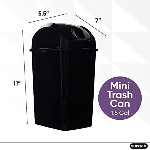 Image of Superio Mini Desktop Trash Can with Swing Top Lid Portable Plastic Garbage Can for Countertop, Desktop, Make up Vanity, Bathroom, Car, Under Sink, Dorm Compact Waste Bin 5 L 1.25 Gal (Black)