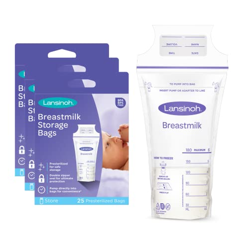 Image of Lansinoh Breastmilk Storage Bags, 75 Count, 3 Packs of 25 Milk Bags, 6 Ounce, Easy to Use Milk Storage Bags for Breastfeeding, Presterilized, Hygienically Doubled-Sealed for Refrigeration and Freezing