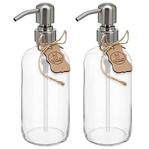 ALTGLAS Dispenser di Sapone Liquido 'Sarajevo' da Bottiglia di Vetro Cristallo e Pompa in Acciaio Inox in Colore Argento Spazzolato (2 pezzi da 500 ml)