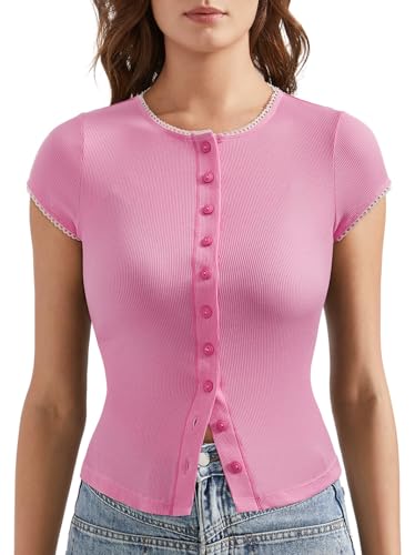 Image of OMKAGI Women Button Down Ribbed Short Sleeve Shirts Fitted Knit Cropped Cardigan Sweaters