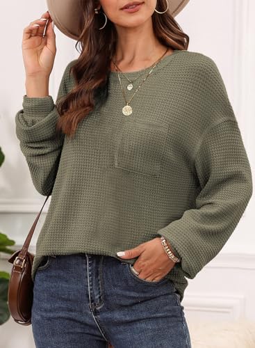 Image of Dokotoo Womens Waffle Knit Tops 2026 Oversized Long Sleeve Crewneck Shirts Business Casual Blouses Basic Shirts