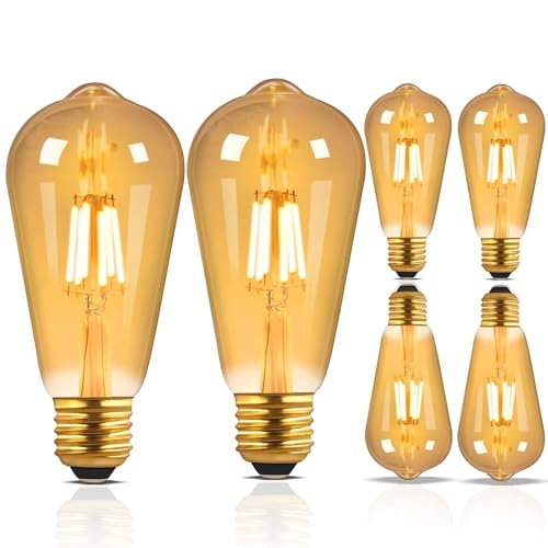 Liuyife Bombilla LED Edison Vintage Regulable, 6W(Equivalente a 60W), ST64 Blanco Cálido 2200K, Filamento de Tornillo E27 Ámbar, Adecuada Para Cafetería, Lámpara de Araña de Dormitorio, Paquete de 6