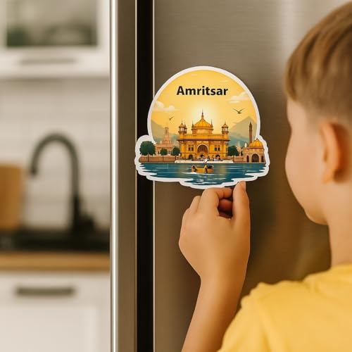 Image of Naxon Amritsar Golden Temple Theme Souvenir Wooden Fridge Magnet for Refrigerator - Printed Fridge Magnet for Kitchen & Home Decor | Perfect Souvenir Gift | Size 3x3 in | Pack of 1