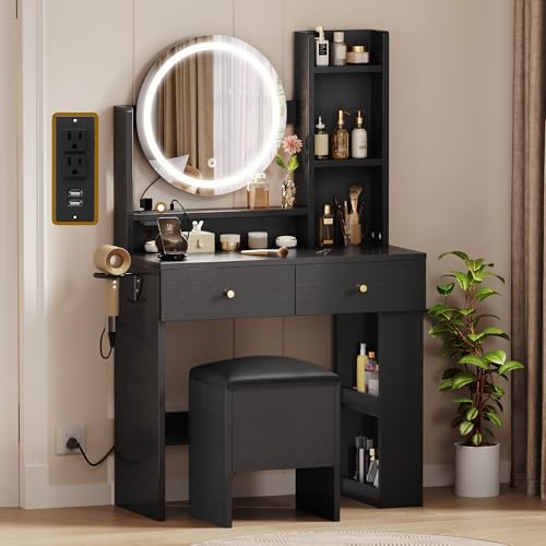 GOOBED Vanity Desk with Mirror and Light, Black Small Vanity Set with Charger Station, Makeup Table with Round Mirror and Adjustable 3 Lighting Modes for Bedroom, Makeup Dressing Desk Chair