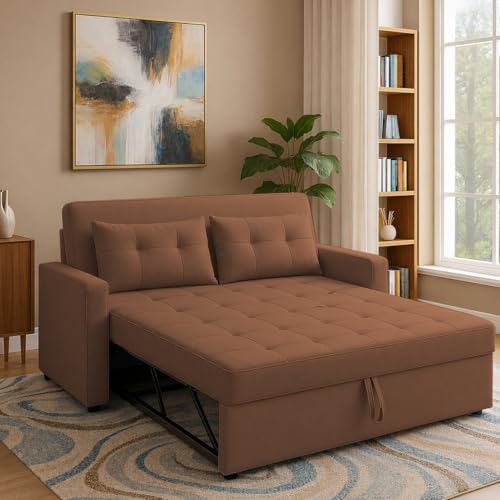 Image of Emilio 2-Seater Sofa Cum Bed for Living Room, Office & Home with Center Table | Premium Fabric Pull-Out Sofa Set with 1 Year Warranty | Space Saving Convertible Sleeper Sofa | Brown Colour