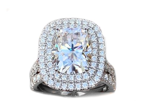 Large Double Halo 14k Solid White Gold Cushion Cut Moissanite