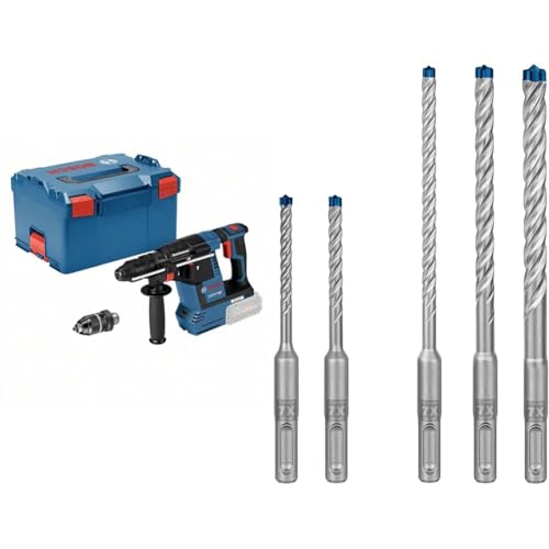 Bosch Professional 18V System Akku Bohrhammer GBH 18V-26 F (Bohren & Meißeln, KickBack Control, inkl. Schnellspannbohrfutter 13mm) + 5x Expert SDS plus-7X Hammerbohrer Set (für Stahlbeton, Ø 5-10 mm)