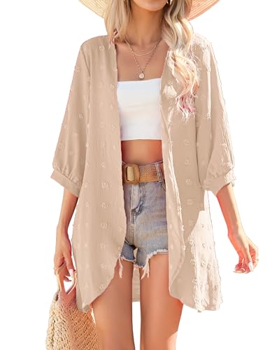 Image of Yekaty Kimonos for Women Lightweight Summer Cardigan Loose Beach Cover Up | kimono cardigans for women, 3 /4 sleeve layer with hip-covering fit for beach, vacation and casual summer outfits