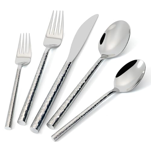SILWELL Silverware Set 18/10 Stainless Steel Mirror Polishing 20-Piece Flatware Round Hammered Cutlery Set Service for 4