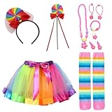 Maazusa Rainbow Tutu costume accessory set, layered ballet tulle rainbow dress with accessory hair bands cane necklace bracelet ring hair clips hair bands,Halloween