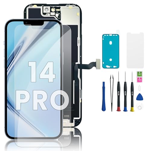Hoonyer LCD Display Ersatz Set für 14 Pro (6 1 Zoll) 3D Touch Bildschirm mit Rahmen & Digitizer inkl. Reparaturwerkzeug wasserdichtem Klebestreifen & gehärtetem Displayschutz