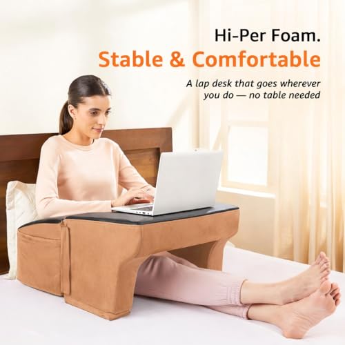Image of Amazon Basics Foam Lapdesk Pillow for Laptop, Ergonomic Laptop Table Pillow for Bed, Sofa & Floor, Adjustable Height & Side Pocket, Portable Lap Desk for Work from Home, Study & Travel - Beige